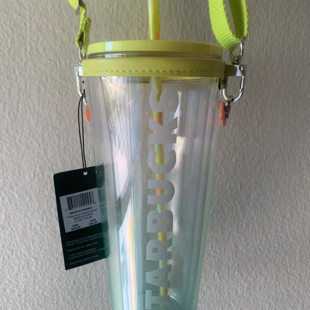 Starbucks Iridescent Clear Tumbler with Yellow Lid and Strap
